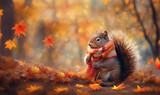 Super cute funny squirrel wearing a scarf in beautiful Fall landscape, Autumn scene with a cute european red squirrel. Sciurus vulgaris. copy space