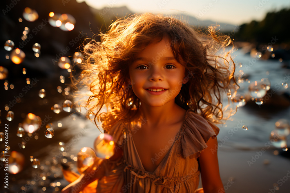 A smiling cute little girl wearing a dress in a beautiful warm summer sunset light on the beach, surrounded by bubbles. A smiling cute little girl wearing a dress in a beautiful warm summer sunset light on the beach, surrounded by bubbles.