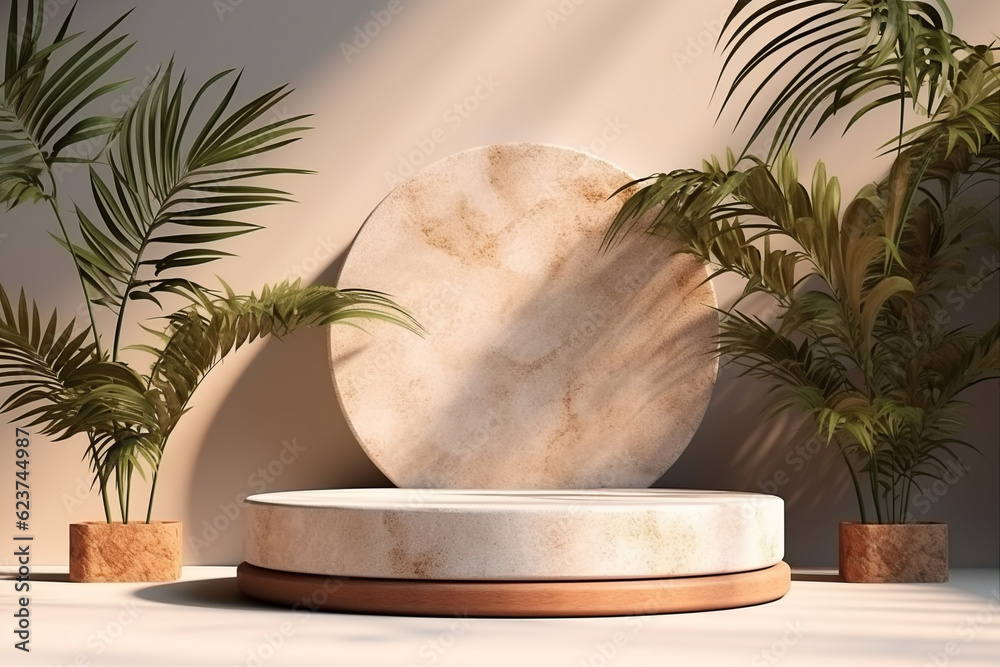 Terrazzo stone podium with palm leaves for product display. Sun shadows in the background. Generative AI Terrazzo stone podium with palm leaves for product display. Sun shadows in the background. Generative AI