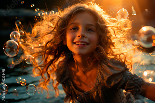 A playful, smiling, lovely little girl with long wavy hair wearing a dress in a warm summer sunset light surrounded by bubbles