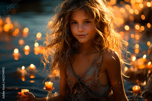 A beautiful girl with long hair, alone, in nature, looking at the camera. She is enjoying the water, surrounded with floating candles.
