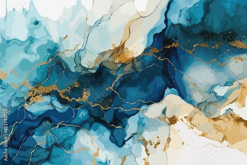 Watercolor acrylic fluid art Deco vector pattern background. Liquid marbled textured luxury pattern ornament with surface wavy lines and gold glitters. Modern trendy design in blue turquoise colors.