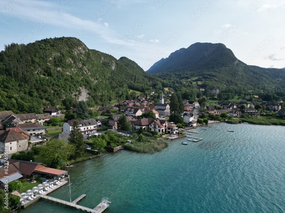 Village of Duingt eastern shore of Lake Annecy, France drone , aerial,  view