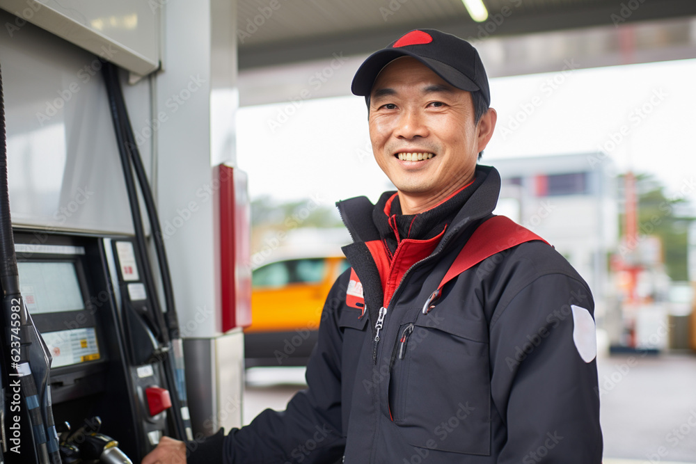 Obraz premium ガソリンスタンドで働く男性スタッフ:AI生成画像