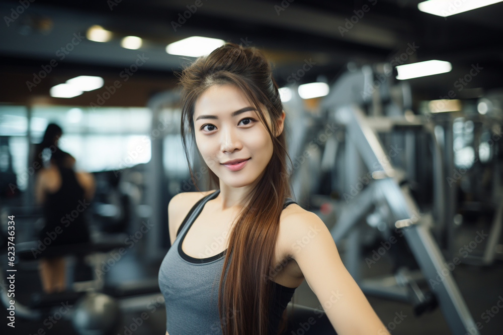 Fototapeta premium ジムでトレーニングする日本人女性：AI生成画像