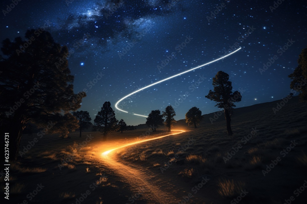 Glowing spaceship trail against the Milky Way