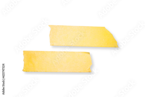 Two yellow matte adhesive torn tape objects with shadow on transparent white background, Torn horizontal and different size sticky tape, adhesive pieces.