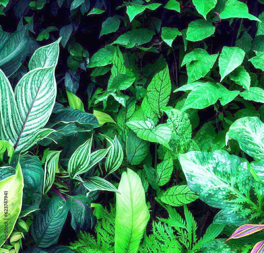 Green and variegated leaves of tropical foliage plants bush with ...