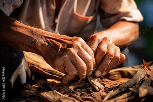 Hands of an artisan rolling a traditional Cuban cigar