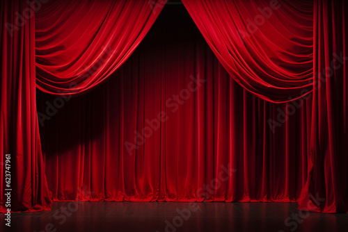 ゴージャスな赤色の劇場カーテン：AI生成画像