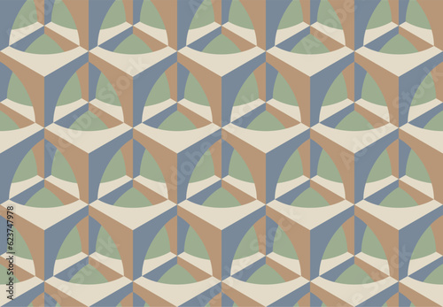 Seamless vector 3D geometric pattern with optical illusions. Op Art. Modern pastel color template for wrapping, cards, fabric, packing. Endless background. Wallpapers. 3D Tile