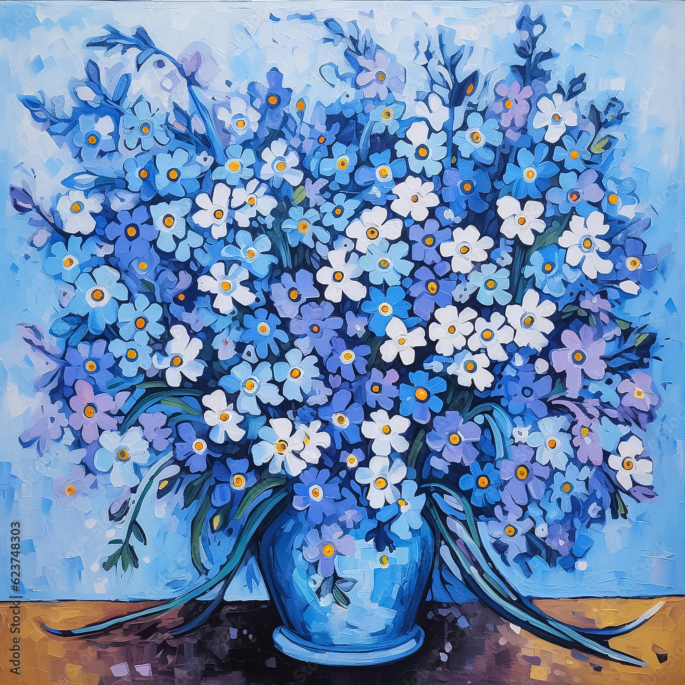 Still life with a bouquet of blue forget-me-nots flowers in a vase ...
