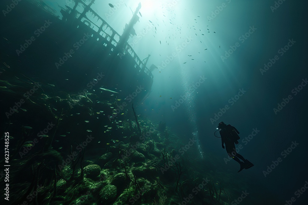 Dangerous dive to study the cause of the death of the ship. Shipwreck investigation. Diver in front of the sunken hull.