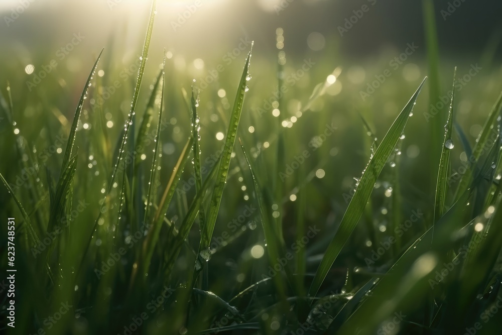 Close up green grass on meadow with drops of water dew in morning light. Ai generative.