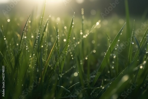 Close up green grass on meadow with drops of water dew in morning light. Ai generative.