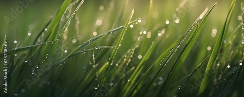 Close up green grass on meadow with drops of water dew in morning light. Ai generative.