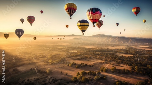 Colorful hot air balloons flying over valley and mountains. Generative AI. © Greg Tomas