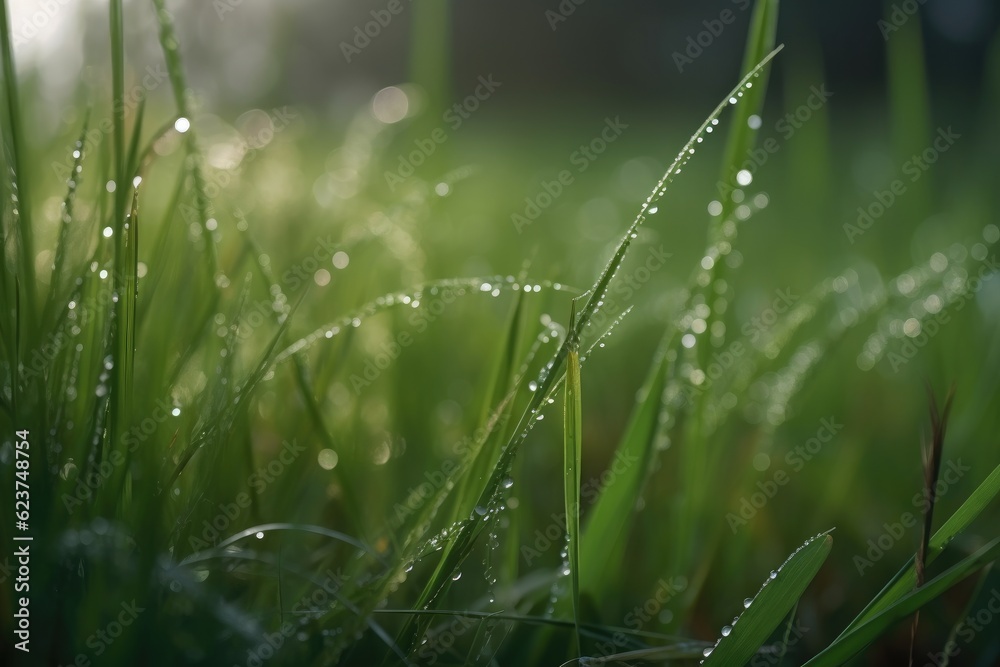 Close up green grass on meadow with drops of water dew in morning light. Ai generative.