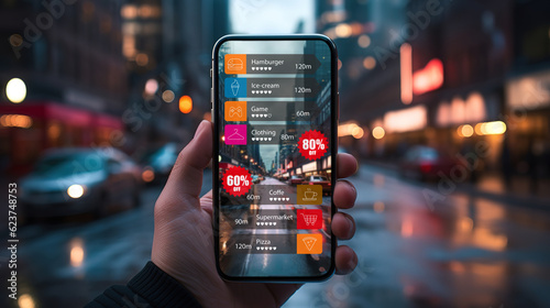 Hand holding smart phone take a graphic, choose store, augmented reality concept created with generative AI technology.