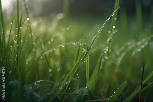 Close up green grass on meadow with drops of water dew in morning light. Ai generative.