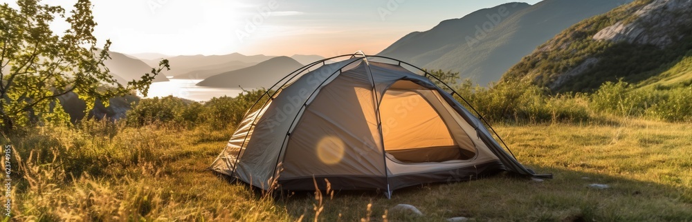 Tourist tent in a picturesque place during hiking.
Beautiful nature for picnic and camping in nature. Leisure excursions by tourists in the fresh air. Generative AI