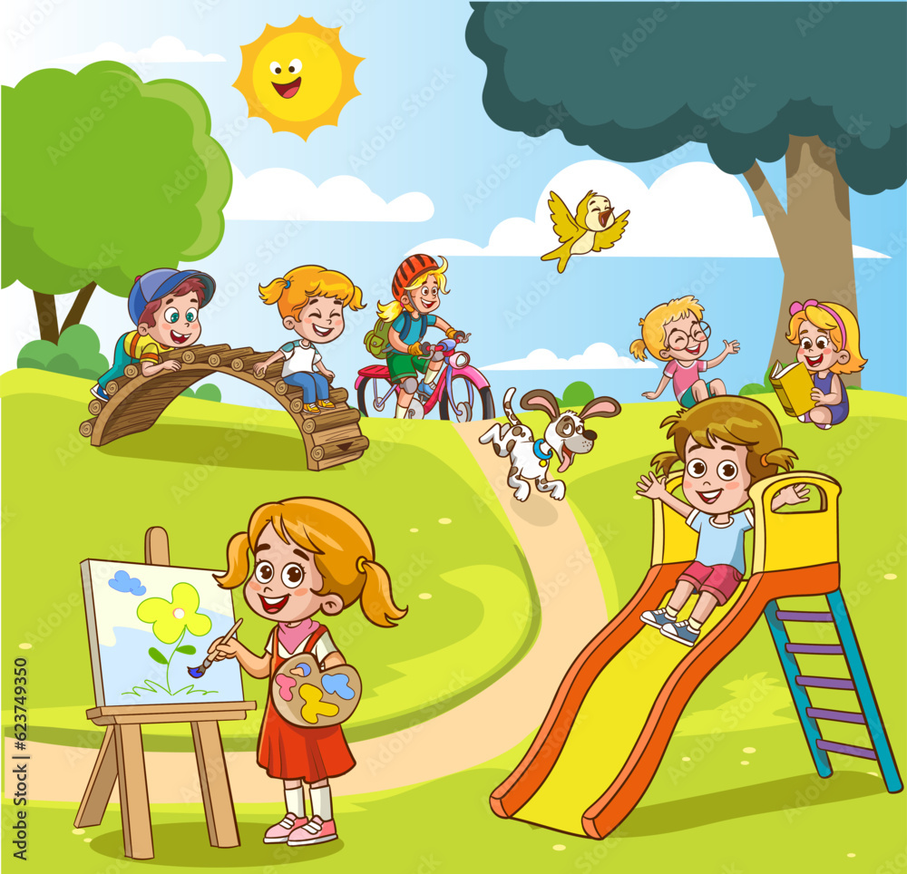 Group children playing, spending time in games, having fun, fooling around. Summer activities. Children in park,summer camp.teacher,Mum reading book to children.
