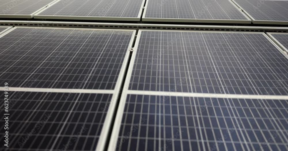 Closeup of solar power plant eco technology. Landscape of solar panels in photovoltaic power plant