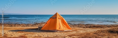Tourist tent in a picturesque place during hiking. Beautiful nature for picnic and camping in nature. Leisure excursions by tourists in the fresh air. Generative AI