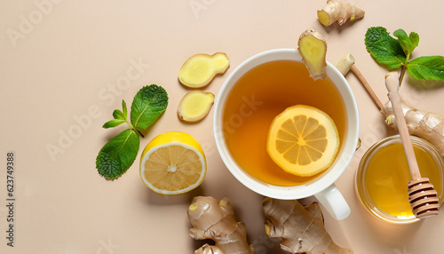 Ginger tea. Cup of ginger tea with lemon, honey and mint on beige background. Concept alternative medicine, natural homemade remedy for cold and flu. Top view. Free space for your text. photo