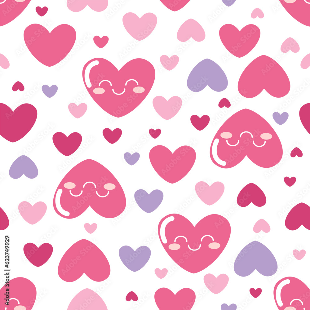 Vector seamless pattern with cute hearts with a funny smiling face. Cute holiday background texture for printing on textiles, wrapping paper, web design and social networks. Pink and purple colors. Vector seamless pattern with cute hearts with a funny smiling face. Cute holiday background texture for printing on textiles, wrapping paper, web design and social networks. Pink and purple colors.