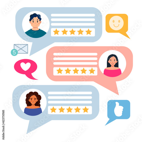 A set of feedback icons. Customer reviews and user ratings. Rating 5 stars. The concept of user reviews and ratings. Vector illustration in cartoon style