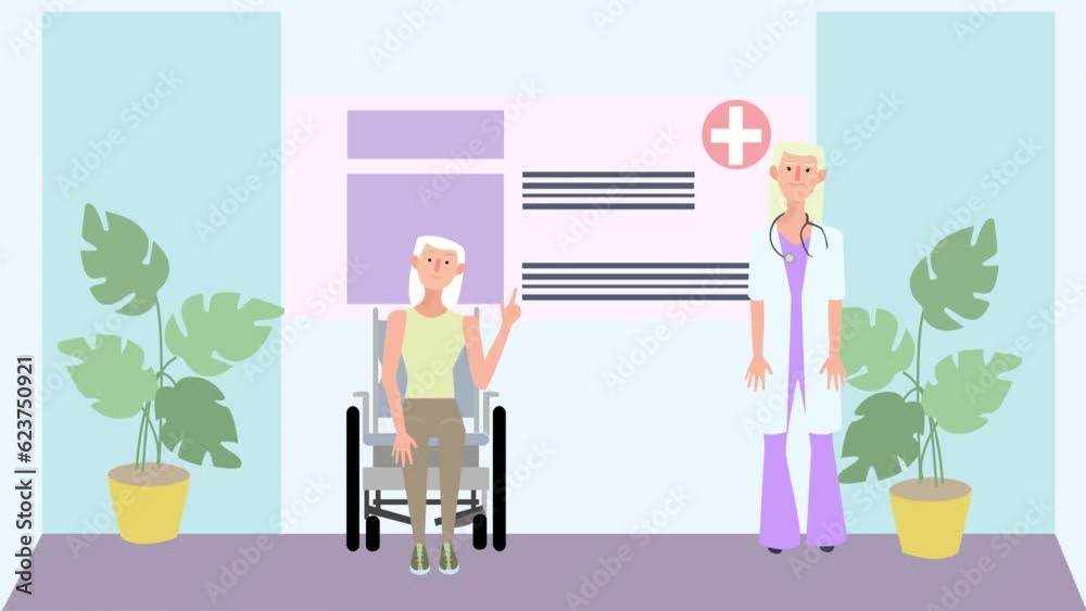 Animation image of doctor and woman patient in wheelchair Animation image of doctor and woman patient in wheelchair