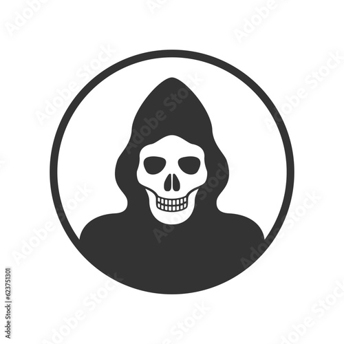 Skull in hood graphic icon. Death reaper wearing hood sign isolated on white background. Vector illustration