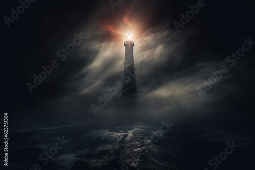 Lighthouse beam penetrating foggy darkness over a restless sea