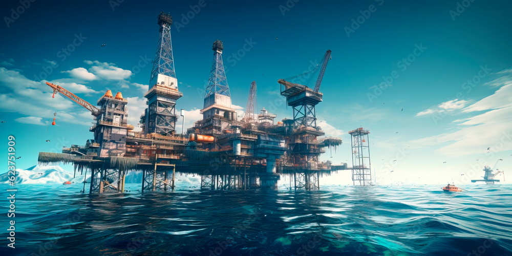 An offshore oil rig in the middle of the sea, with drilling platforms, pipelines, and support vessels involved in the extraction of fossil fuels. Generative AI