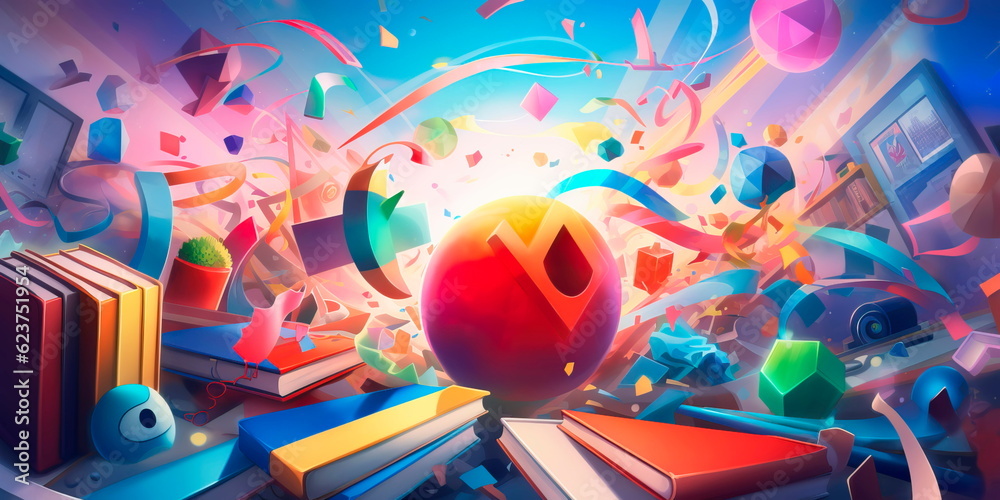 dynamic back to school background with a burst of colorful geometric shapes and symbols representing different academic subjects. Generative Ai - obrazy, fototapety, plakaty 