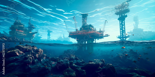 An offshore oil rig in the middle of the sea, with drilling platforms, pipelines, and support vessels involved in the extraction of fossil fuels. Generative AI