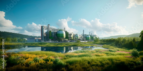 biomass power plant utilizing organic waste to produce energy, surrounded by lush greenery. Generative Ai photo