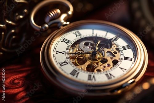 Macro shot of an antique pocket watch, focus on the minute hand