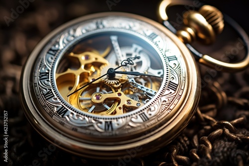 Macro shot of an antique pocket watch, focus on the minute hand