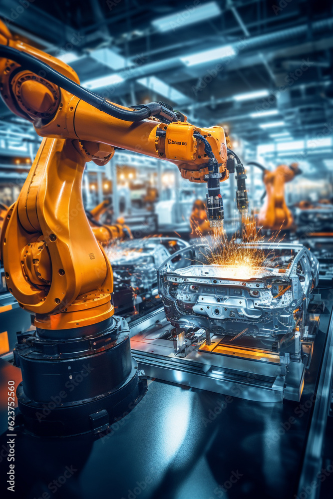 Vibrant display of intricate machinery on a modern, automated factory floor