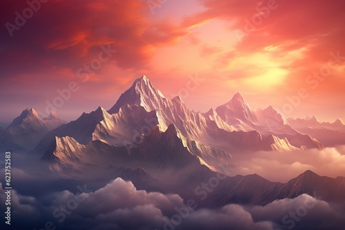 Photographie Majestic mountain range bathed in soft, rosy light at sunrise