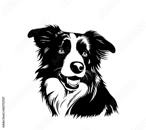 PNG one single sitting Border Collie dog head front view black and white bw two colors silhouette. Template for laser engraving or stencil, print for t shirt
