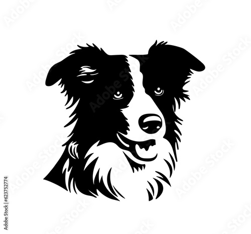 Vector isolated one single sitting Border Collie dog head front view black and white bw two colors silhouette. Template for laser engraving or stencil, print for t shirt