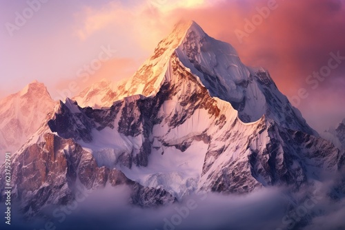 Majestic mountain range bathed in soft, rosy light at sunrise
