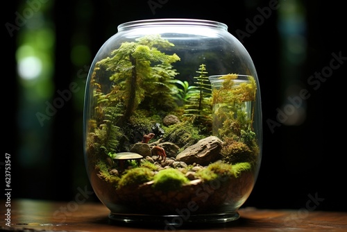 Miniature ecosystem inside a delicately arranged terrarium