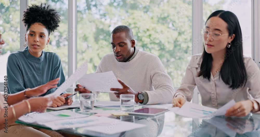 Business people, documents and meeting teamwork, planning and marketing collaboration or project proposal. Diversity, talking and professional women and man with paperwork, creative ideas or workflow Business people, documents and meeting teamwork, planning and marketing collaboration or project proposal. Diversity, talking and professional women and man with paperwork, creative ideas or workflow