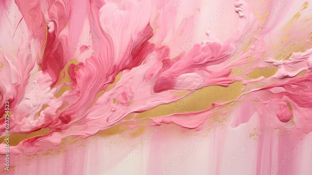 Abstract oil painting of pink swirls with addition of white and gold colors.