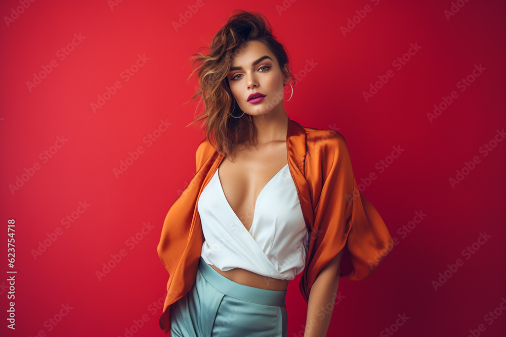 fashion young woman giving pose studio colored background