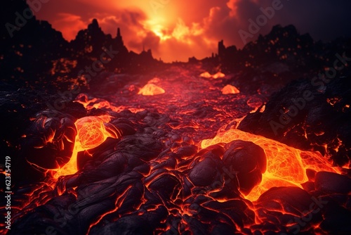 Molten lava flowing from an active volcano, fire meets earth